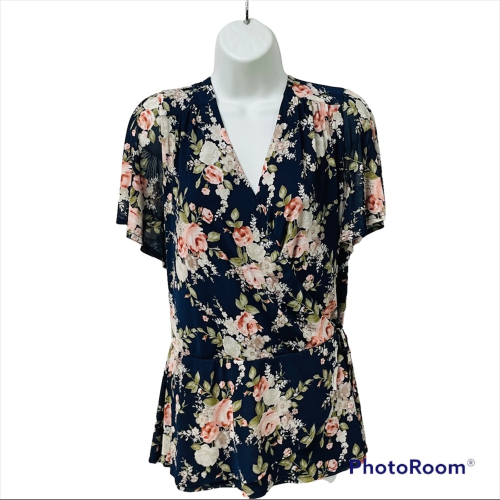 Alyx Wrap like Blouse with Petaluma Bottom, Cap Sleeves Stretch Plus Floral Blue
